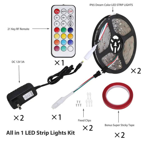 Rainbow RGB LED Strip Lights Kit 32.8ft 12V Waterproof Neon Pixel With Remote Controller, components, and accessories.