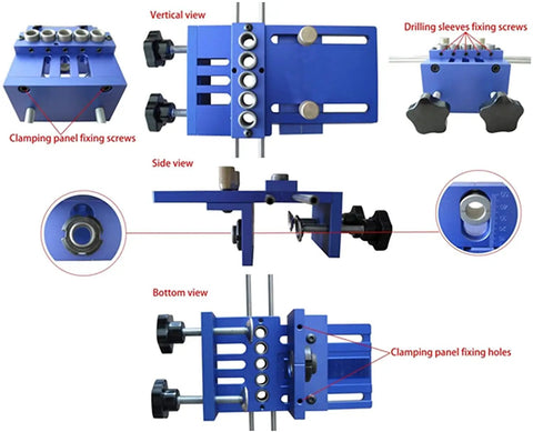Pro Grade Universal Dowel And Cam Jig Kit With Five Drilling Sleeves 6mm 8mm 10mm shown in vertical, side, and bottom views