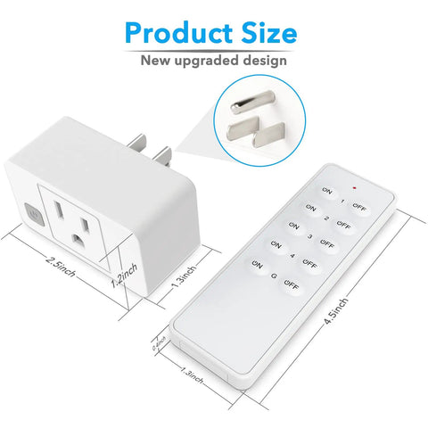 Wireless Remote Outlet Switch Kit With Four Sockets And 230ft RF Range, 1800W Power Capacity, product size dimensions illustration
