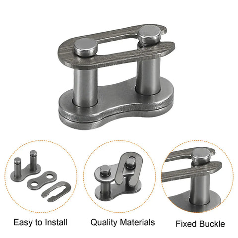 One Quarter Inch Pitch Roller Chain showing carbon steel master link components, easy installation, and fixed buckle design.