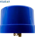 Blue twist lock photocell dusk to dawn auto on off light switch for LED barn area street parking lot lights, IP65 protection shown front view.