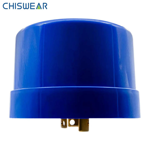 Blue twist lock photocell dusk to dawn auto on off light switch for LED barn area street parking lot lights, IP65 protection shown front view.