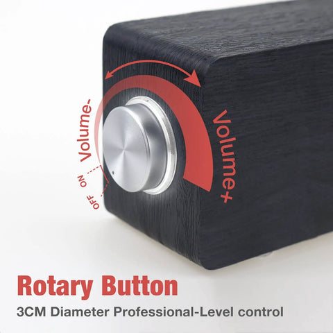 Close-up of volume control on Vintage Wooden Mini PC Sound Bar With 3.5mm Aux, USB Powered Desktop Speakers highlighting rotary button.