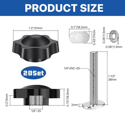Size dimensions of Twenty Piece T Track Knob Kit For Woodworking Jigs And Fixtures Includes Star Knobs T Bolts And Steel Washers.