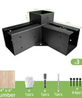 4 Pack 3-Way Right Angle Pergola Bracket Kit for 4x4 Wood Beams showing black cast iron bracket with dimensions and accessories