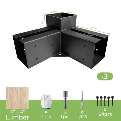 4 Pack 3-Way Right Angle Pergola Bracket Kit for 4x4 Wood Beams showing black cast iron bracket with dimensions and accessories