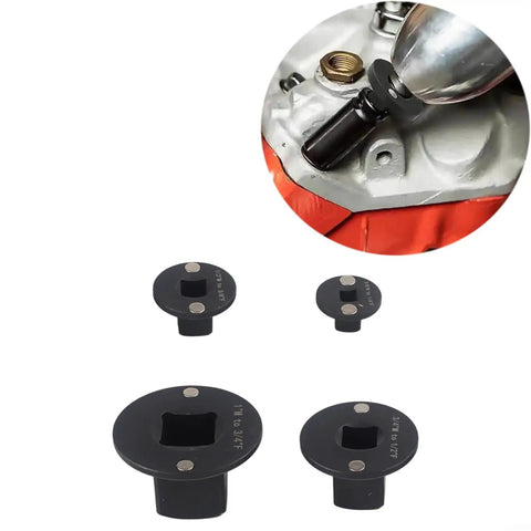 Kickstart Your Auto Repair Gig With This Slick 4-Piece Low Profile Socket Adapter Set, Heat Treated Steel Drive Reducing Kit For Impact Drivers In Tight Spots From 1/4 To 1/2 Inch Perfect For Confined Engine Bays. Black steel socket adapters shown in 1/4 to 1/2 drive sizes