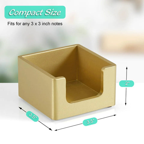 Gold Wood Sticky Note Holder For 3x3 Post It Notes Handy Dope Desk Organizer with dimensions labeled 3.5" x 3.5" x 2"