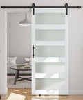 36 Inch By 84 Inch Sliding Glass Barn Door With 6.6 Foot Hardware Kit Included, DIY Assembly Ready, frosted glass, white door installed
