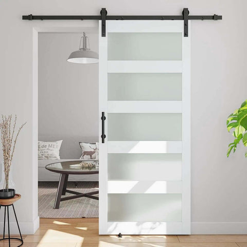 36 Inch By 84 Inch Sliding Glass Barn Door With 6.6 Foot Hardware Kit Included, DIY Assembly Ready, frosted glass, white door installed