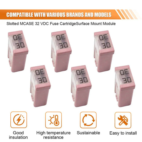 Six Pack 30A 32V Mini Slotted MCASE Cartridge Fuse Kit displayed with thermal resistance icons.