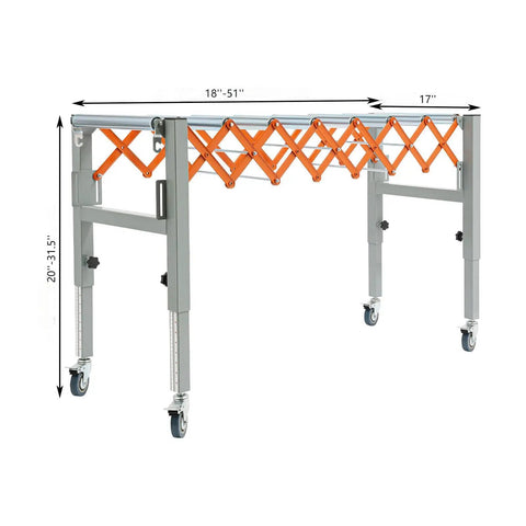 Expandable Adjustable Conveyor Roller Table 18 To 51 Inch Length, 20 To 31.5 Inch Height, Heavy Duty Woodworking Planer Conveyor With 4 Braked Wheels, Folding Turning Roller System.