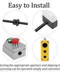 Collage showing install of 8 Pack Black Snap In Grommets For 50mm Knockout Holes Nylon Insulating Bushing Inner 41.2mm Outer 53mm Height 11.5mm