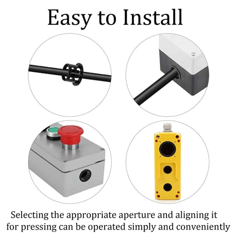Collage showing install of 8 Pack Black Snap In Grommets For 50mm Knockout Holes Nylon Insulating Bushing Inner 41.2mm Outer 53mm Height 11.5mm