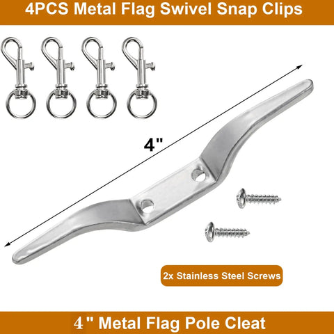 Flag Pole Hardware Kit With 3 Inch Gold Ball Topper, Aluminum Alloy Construction, Weatherproof Flagpole Accessories, 50 Feet Halyard Rope, 4 Inch Cleat Hook With Screws, Four Swivel Snap Hooks, And Pulleys For 2 Inch OD Tubes: 4" metal cleat with 4 swivel snap clips and screws