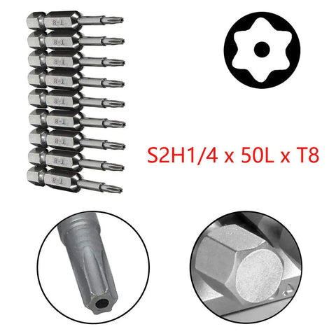 Magnetic Torx Bit Set 10 Piece With Tamper Proof Security Bits T8 Star 6 Point Quarter Inch Hex Shank 50mm Long Screwdriver Kit