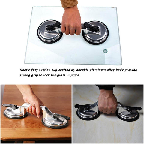 Two Pack Beefy Glass Suction Cups Vacuum Lifter With Aluminum Body And Rubber Base lifting a glass panel, ideal for heavy-duty applications.