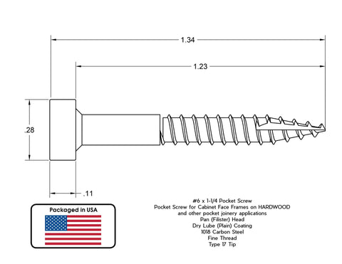 Diagram of Six By One And A Quarter Pan Head Pocket Screws With Square Drive For Pocket Hole Joinery, showing dimensions and details.