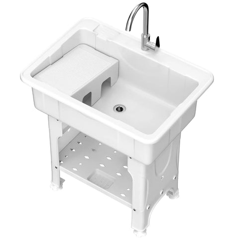 Freestanding Plastic Laundry Sink With Detachable Washboard And Hot And Cold Faucet Hoses And Drain Kit Indoor Outdoor Utility Sink