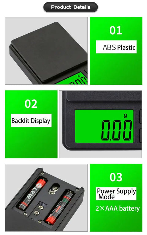 Pocket Scale 1000g x 0.01g Digital Gram Scale For Jewelry with plastic build, backlit LCD, battery powered mode