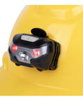 Rechargeable Hard Hat Light Headlamp With Direct Mount Quick Release Hands Free Pro Grade Work Light For Firefighters And Industrial Use Rugged Durable Helmet Lamp Delivers 12 Hour Standard Beam 6 Hour High Beam mounted on yellow hard hat