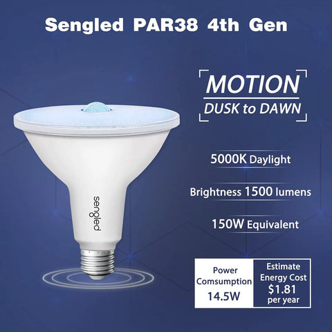 Motion Sensor Outdoor Flood Lights For Porch And Driveway Dusk To Dawn Security LED Bulbs 5000K Daylight 1500LM Waterproof PAR38 E26 Base Indoor Outdoor Use 4 Pack 4th Gen Pro, white PAR38 bulb