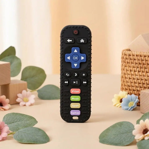 Realistic Remote Control Teether Toy For Babies, Sensory Silicone Chew Toy For Teething Relief, BPA Free Infant Gift in black.