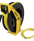 Double Arm Hose Reel With Half Inch By Fifty Foot Premium Rubber Air Hose, heavy-duty steel construction, side view