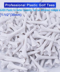 Close-up of one and a half inch plastic golf tees short tees for irons hybrids par threes and driving range game ready bulk pack of 120 with four prongs high visibility white low resistance performance tees.