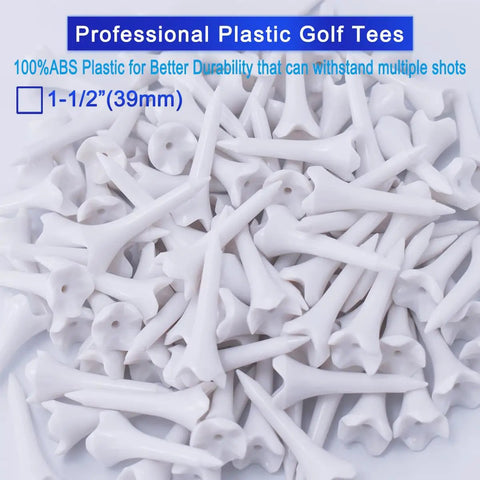 Close-up of one and a half inch plastic golf tees short tees for irons hybrids par threes and driving range game ready bulk pack of 120 with four prongs high visibility white low resistance performance tees.