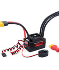 Waterproof 90A RC Brushless ESC With Male Plug For 1/10 Scale RC Car, IP67 All Weather Speed Controller For Quick Starts And Smooth Acceleration Durable Waterproof Design For Rugged Off Road Runs. Product with cooling fan and connectors.
