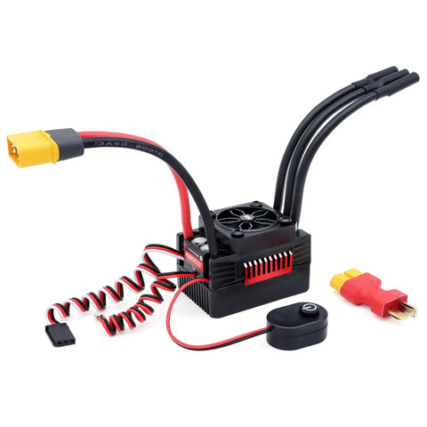 Waterproof 90A RC Brushless ESC With Male Plug For 1/10 Scale RC Car, IP67 All Weather Speed Controller For Quick Starts And Smooth Acceleration Durable Waterproof Design For Rugged Off Road Runs. Product with cooling fan and connectors.