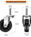 Diagram showing dimensions of Beefy 2 Inch Swivel Casters Set Of Four With Mirror Finish Chrome Plating And 3/8 Inch 35mm Threaded Stem