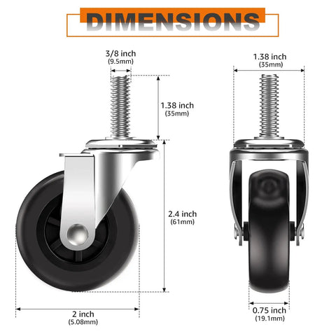 Diagram showing dimensions of Beefy 2 Inch Swivel Casters Set Of Four With Mirror Finish Chrome Plating And 3/8 Inch 35mm Threaded Stem