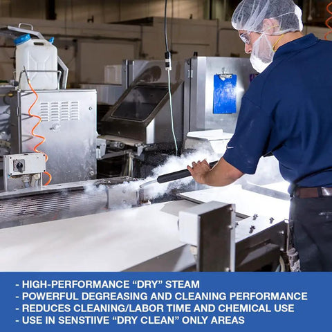 Heavy Duty Three Phase Industrial Steam Cleaner With Four Stainless Steel Boilers And Adjustable Pressure Features Continuous Fill Hose Hookup To Run Non Stop On 480 VAC While Crushing Grime Like A Boss in use, cleaning a conveyor.
