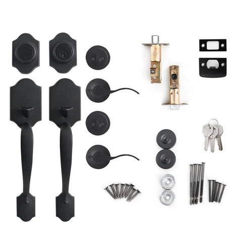 Double Door Handle Set With Dummy And Keyed Entry In Matte Black, Exterior Door Hardware components shown with accessories