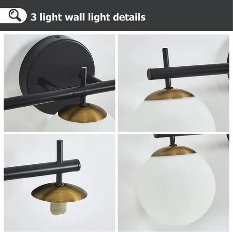 Black And Gold Lit Three Light Vanity Light Fixture with Milky White Frosted Glass Shades and G9 Base details