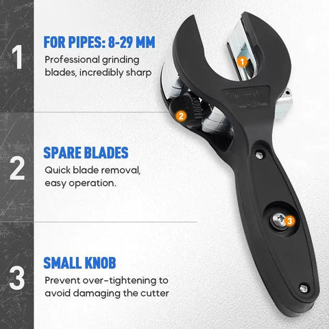 Ratcheting Tubing Cutter Pro Grade Workhorse Adjustable Tube Cutter Tool for 5 sixteenths to one and one eighth inch, black handle