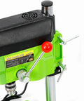 Powerful 480W Mini Bench Drill Press Machine With Dual Speed Settings Up To 11000 RPM showing green drill body and controls.