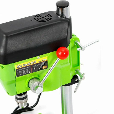 Powerful 480W Mini Bench Drill Press Machine With Dual Speed Settings Up To 11000 RPM showing green drill body and controls.