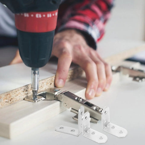 Using a drill to install Sturdy Stainless Steel Right Angle Shelf Brackets 12 Piece Set For DIY Wood Frames And Table Legs Support Easy