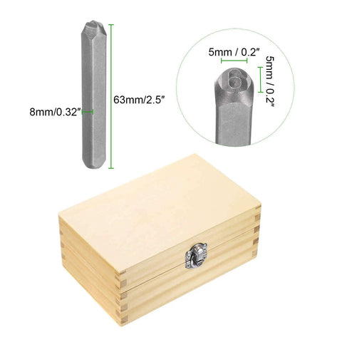 36 Piece Metal Stamping Kit With 5 Millimeter Uppercase Letter And Number Punch Stamps Set showing stamp dimensions and wooden case
