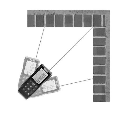 Micro Laser Distance Meter With Bluetooth Sync And Tilt Sensor measuring angles on a brick wall, showcasing precise readings.