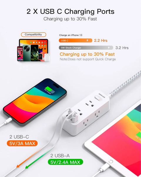 10 In 1 Power Strip With USB C And 6 Outlets, 4 USB Ports, 2 USB C, 5 Ft Extension Cord shown charging multiple devices