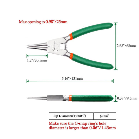Image of 5 Inch Circlip Pliers For External Snap Rings 0.06 Inch Tip Diameter Straight Jaw Retaining Ring Pliers For Easy Ring Removal And Installation Pro Grade Heavy Duty Tool For Automotive Machinery And DIY Repairs, showing full length and side view measurements.