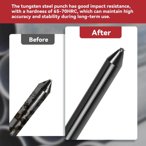 Premium Tungsten Steel Pipe Center Locator Punch For 1.5 To 6 Inch Conduit showcasing before and after comparison of the punch.