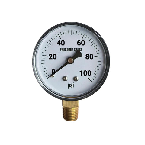 Bottom Mount Spray Tank Pressure Gauge One Hundred Psi One Quarter Inch Mipt Thread Two Inch Face Dial showing 0-100 PSI range