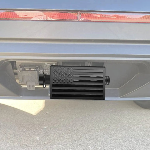 All American Patriotic Trailer Hook Cover And Lock Set For 2-Inch Receiver on vehicle, aluminum with American flag emblem