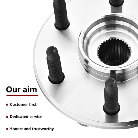 Close-up of 4WD Front Wheel Hub And Bearing Assembly 515036 Fits Silverado 1500 1999-2007, showing detail and bolts with text "Our aim".
