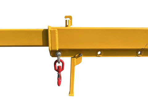 Professional Forklift Jib Boom Crane With 0 To 75 Degree Tilt And 2 Ton 4400 Lb Capacity, yellow extension arm and hook.